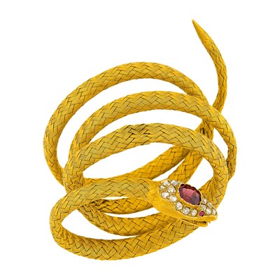 Lot 24 - Antique Woven Mesh Gold, Garnet and Diamond Serpent Coiled Bracelet