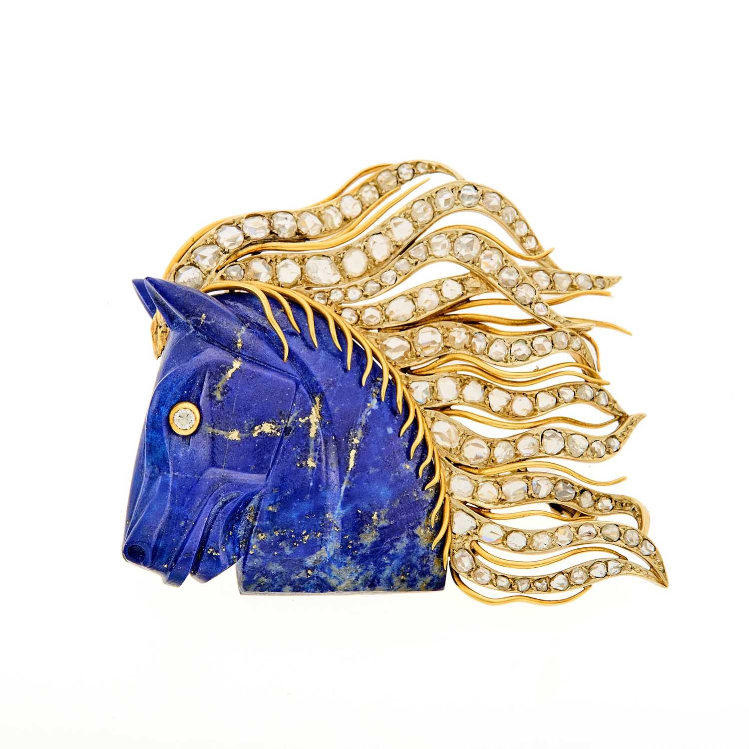 Lot 2084 - Gold, Carved Lapis and Diamond Horse Brooch