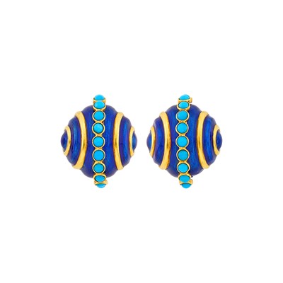 Lot 18 - Tiffany & Co. Pair of Gold, Blue Enamel and Turquoise Earclips