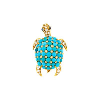 Lot 16 - Tiffany & Co. Gold, Turquoise and Diamond Turtle Clip-Brooch, France