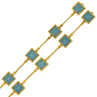 Lot 74 - Castellani Pair of Archaeological Revival Gold and Micromosaic Bracelets