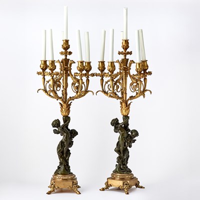Lot 254 - Pair of Empire Style Gilt and Patinated Bronze Four Light Candelabra