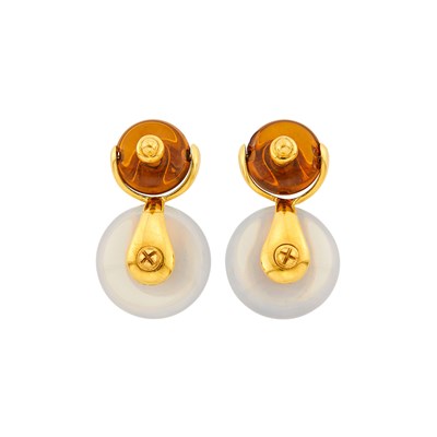 Lot Marina B Pair of Gold, and Interchangeable Hardstone and Multicolored Stone 'Cardan' Pendant-Earclips