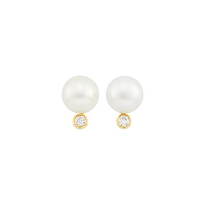 Lot 4 - Pair of Gold, South Sea Cultured Pearl and Diamond Earrings