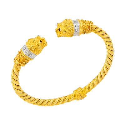 Lot 103 - Two-Color Gold, Diamond and Ruby Chimera Bangle Bracelet