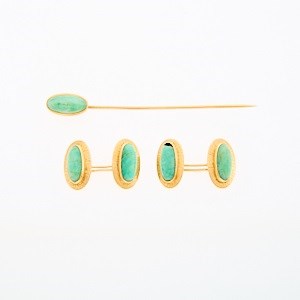 Lot 2207 - Pair of Gold and Jade Cufflinks and Stick Pin