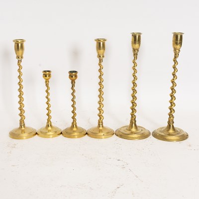 Lot 141 - Three Pairs of Brass Barley Twist Candlesticks
