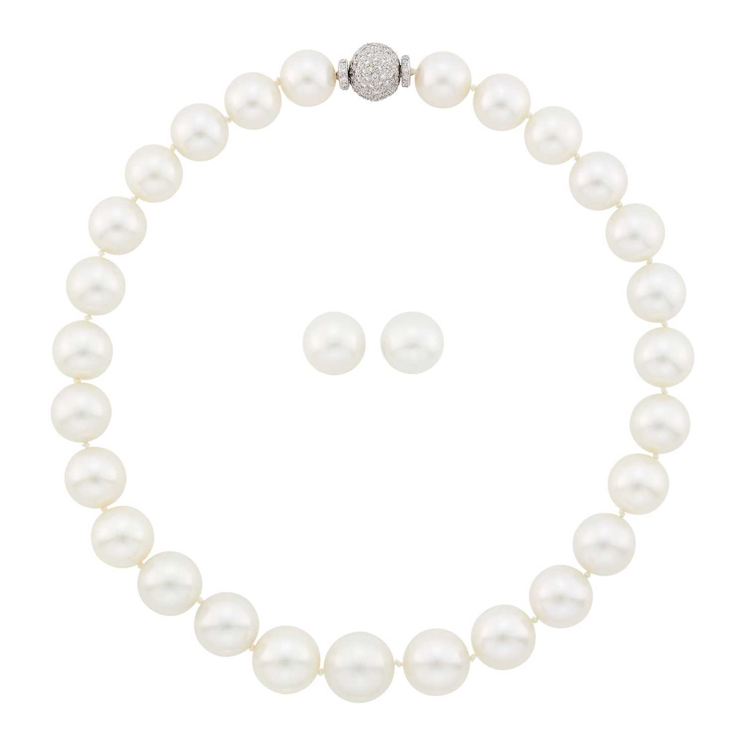 Lot 77 - South Sea Cultured Pearl Necklace with Platinum and Diamond Ball Clasp and Pair of South Sea Cultured Pearl Earclips