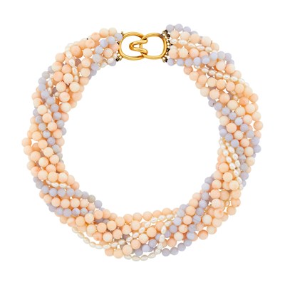 Lot Tiffany & Co., Multistrand Angel Skin Coral and Blue Lace Agate Bead and Freshwater Pearl Torsade Necklace with Gold Clasp