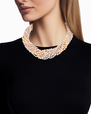 Lot 5 - Tiffany & Co. Multistrand Angel Skin Coral and Blue Lace Agate Bead and Freshwater Pearl Torsade Necklace with Gold Clasp