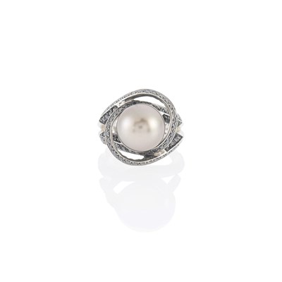 Lot 2128 - White Gold, Tahitian Gray Cultured Pearl and Black Diamond Ring