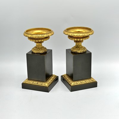 Lot 1157 - Pair of Miniature Gilt-Bronze Urns on Pedestals