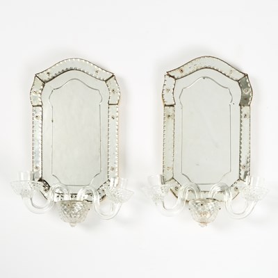 Lot 185 - Pair of Venetian Mirrored and Blown Glass Two-Light Candlelight Wall Sconces