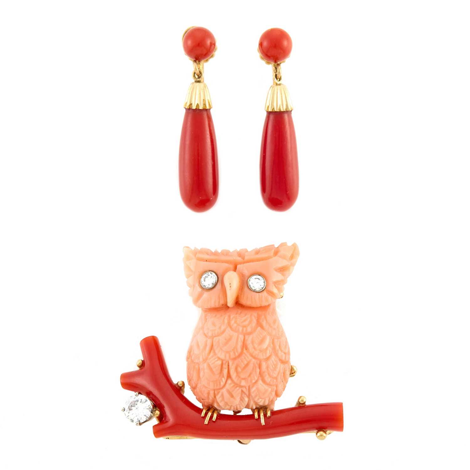 Lot 2077 - Gold, Carved Coral and Diamond Owl Brooch and Pair of Pendant-Earrings