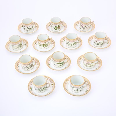 Lot 118 - Twelve Sets Royal Copenhagen Porcelain 'Flora Danica' Flat Cups and Saucers
