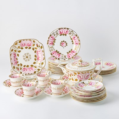 Lot 81 - Assembled English Gilt and Hand-Painted 'Pink Roses' Porcelain Partial Dessert Service