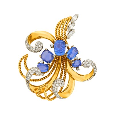 Lot 1095 - Two-Color Gold, Sapphire and Diamond Clip-Brooch