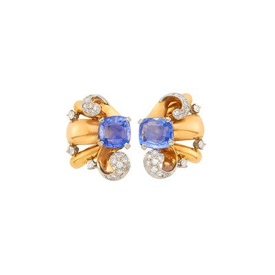 Lot 1096 - Pair of Gold, Platinum, Sapphire and Diamond Earclips