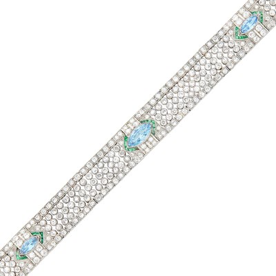 Lot 195 - Platinum, Fancy Colored Diamond, Diamond and Emerald Bracelet