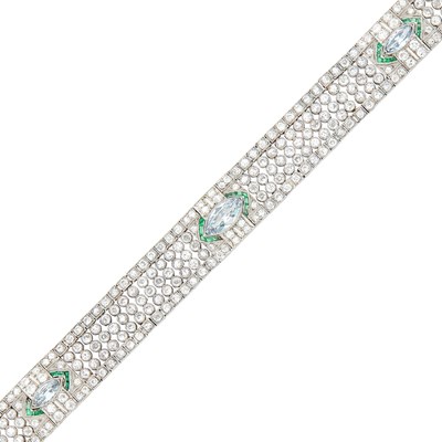 Lot 195 - Platinum, Fancy Colored Diamond, Diamond and Emerald Bracelet