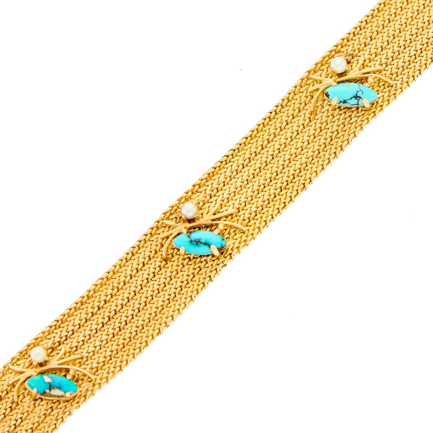 Lot 2147 - Gold, Turquoise and Cultured Pearl Mesh Bracelet