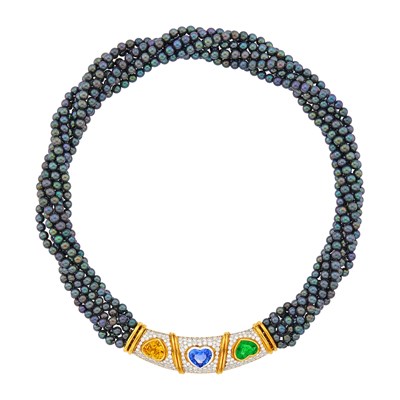 Lot 86 - Seven Strand Dyed Black Cultured Pearl, Two-Color Gold, Colored Stone and Diamond Torsade Necklace