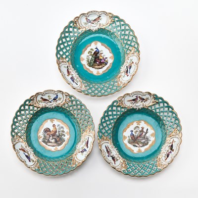 Lot 301 - Set of Three Meissen Porcelain Turquoise-Ground Ornithological Reticulated Plates