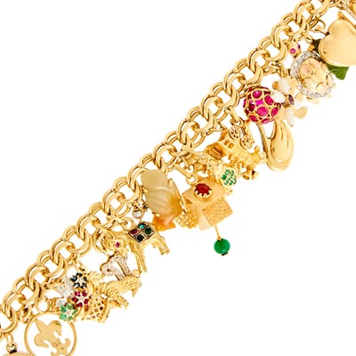 Lot 1063 - Gold, Low Karat Gold and Gem-Set and Simulated Stone Charm Bracelet