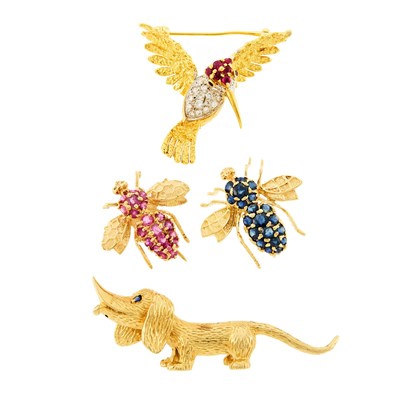Lot 1102 - Four Gold and Gem-Set Bird, Bee and Dachshund Brooches