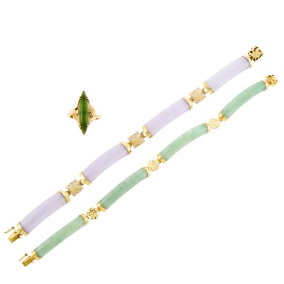 Lot 1239 - Two Gold, Jade and Lavender Jade Bracelets and Gold and Jade Ring