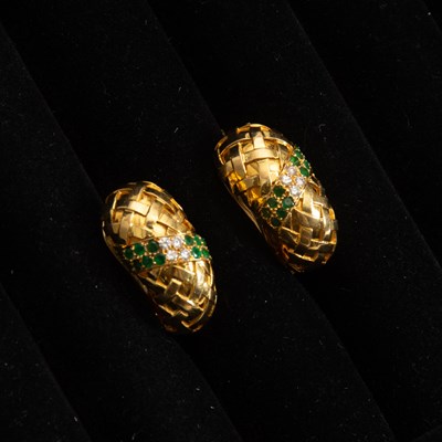 Lot 166 - Pair of 18KT Gold, Diamond and Emerald Earclips