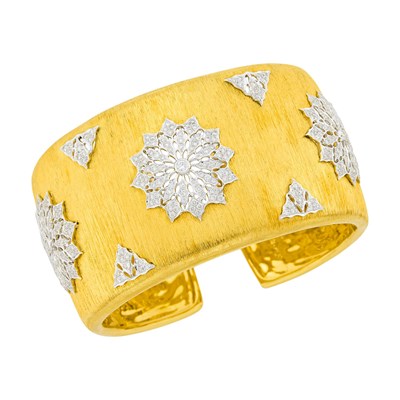 Lot 150 - Two-Color Gold and Diamond Cuff Bangle Bracelet