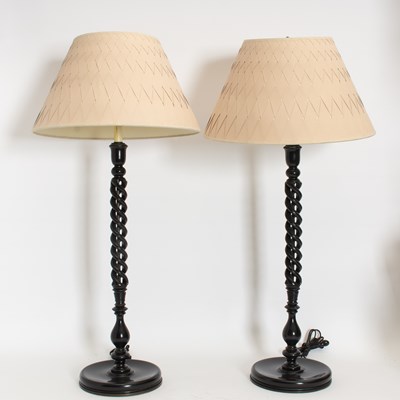 Lot 33 - Pair of Black Painted Wood Barley Twist Table Lamps