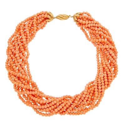 Lot 2043 - Multistrand Coral Bead Necklace with Gold Clasp