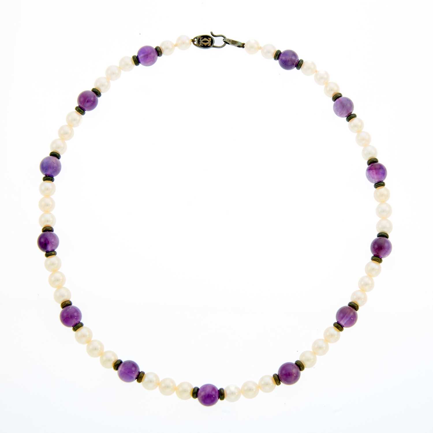 Lot 2016 - Cartier Cultured Pearl and Amethyst Bead Necklace with Silver and Gold Clasp