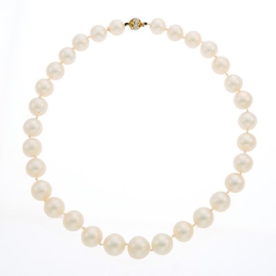 Lot 2203 - South Sea Cultured Pearl Necklace with Gold and Diamond Ball Clasp