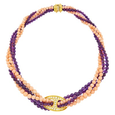 Lot 134 - Cartier Four Strand Amethyst and Angel Skin Coral Bead, Gold and Diamond Torsade Necklace