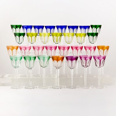 Lot 113 - Group of Thirty Baccarat 'Harcourt' Pattern Blown Colored Cut to Clear Glass Rhine Wine Glasses