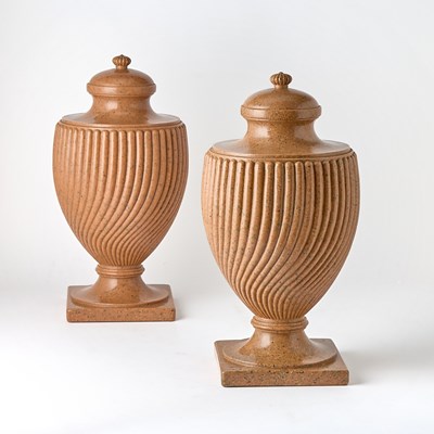 Lot 193 - Pair of Pink Resin Spiral-Fluted Urns