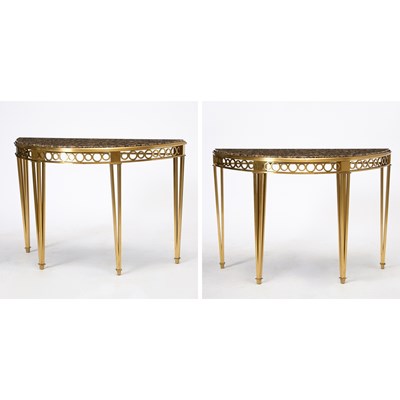 Lot Pair of Baltic Neoclassical Style Granite and Brass Console Tables