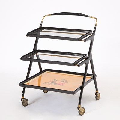 Lot 57 - Italian Mid-Century Ebonized, Glass and Brass Bar Cart