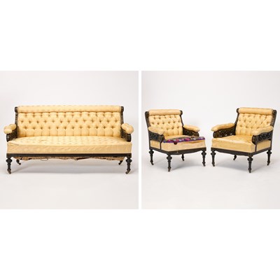 Lot 445 - Aesthetic Movement Ebonized and Parcel-Gilt Three-Piece Parlor Suite