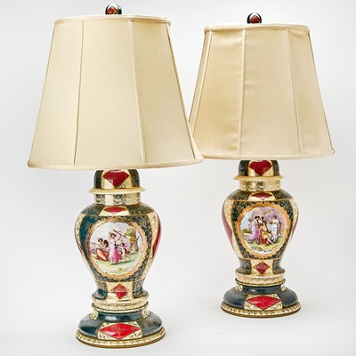 Lot 320 - Pair of Vienna Style Porcelain Covered Urns Mounted as Table Lamps