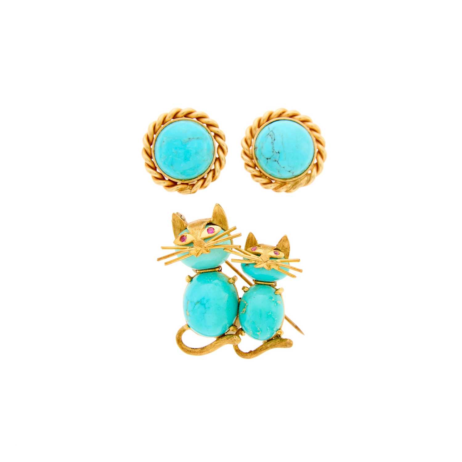 Lot 2075 - Gold and Turquoise Cat Pin and Pair of Earclips