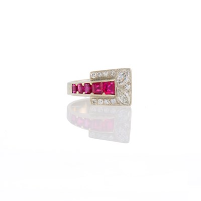 Lot 2115 - Retro White Gold, Diamond and Ruby Ring