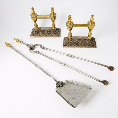 Lot 470 - Group of George III Style Bronze and Steel Andirons and Fire Tools