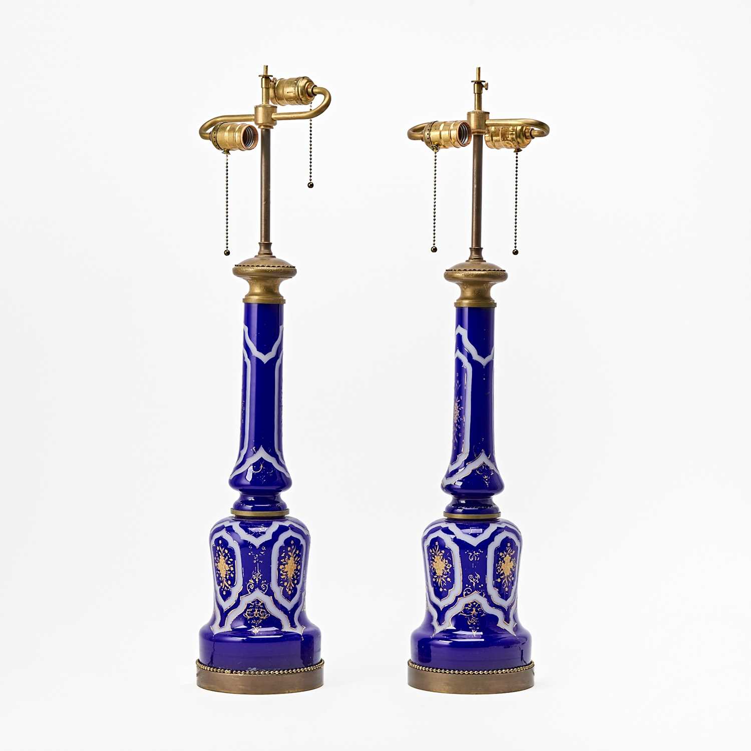 Lot 158 - Pair of Bronze Mounted Gilt Decorated Cobalt Blue Glass Lamps