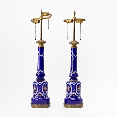 Lot 158 - Pair of Bronze Mounted Gilt Decorated Cobalt Blue Glass Lamps