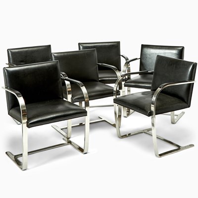 Lot 358 - Set of Six Chromed Metal and Upholstered “Brno” Style Side Chairs