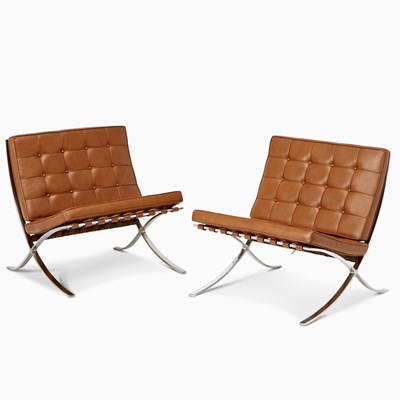 Lot 357 - Pair of Mies Van der Rohe Chromed Metal and Leather Upholstered “Barcelona” Lounge Chairs